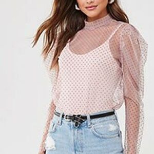 forever 21 mesh polka dot top puff sleeve top Sz L